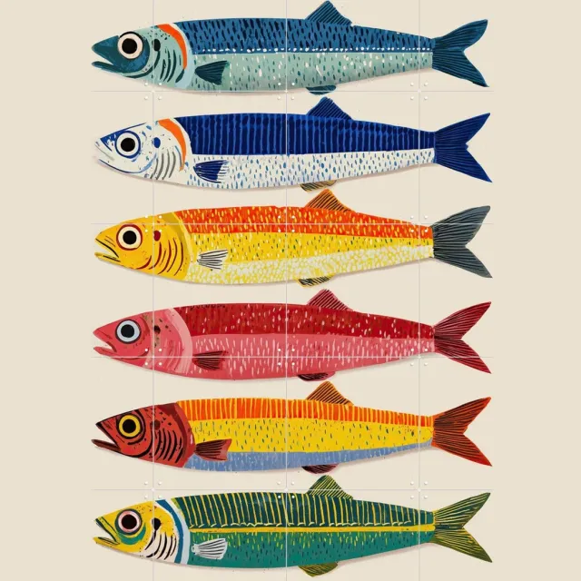 IXXI Sardines In Color, Branka Kodžoman - 80 x 100 cm - Grote wanddecoratie en posters - Retro, Speels, Kleurrijk, Strandhuis, Keuken, Vissen Geel / Blauw / Rood