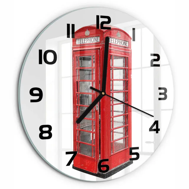 TULUP Wandklok - Openbare telefoon Decoratieve Glazen Klok - fi30 cm - Rood Glazen Wandklok Design - Zwarte handen - Ronde Klok - Glazen Klok Met Print - Wandklok Glas Met Motief