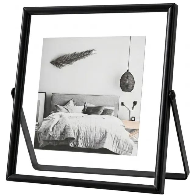 NUVEX Zwart metalen fotolijst transparant acryl – staande fotolijst modern minimalistisch – vierkante foto houder voor tafel decoratie woonkamer slaapkamer