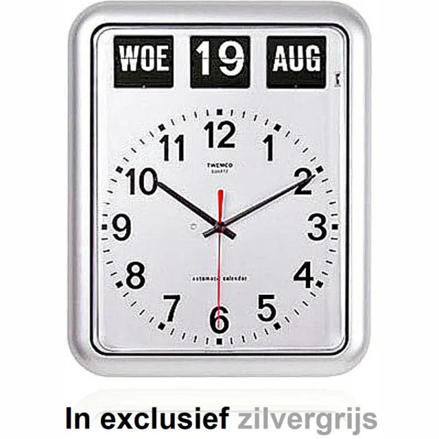 Twemco Dementieklok | BQ-12A | Zilvergrijs | Volautomatische Wandklok | Extra Groot | Analoog | Op Batterijen | Oriëntatie Klok | Seniorenklok | Kalenderklok