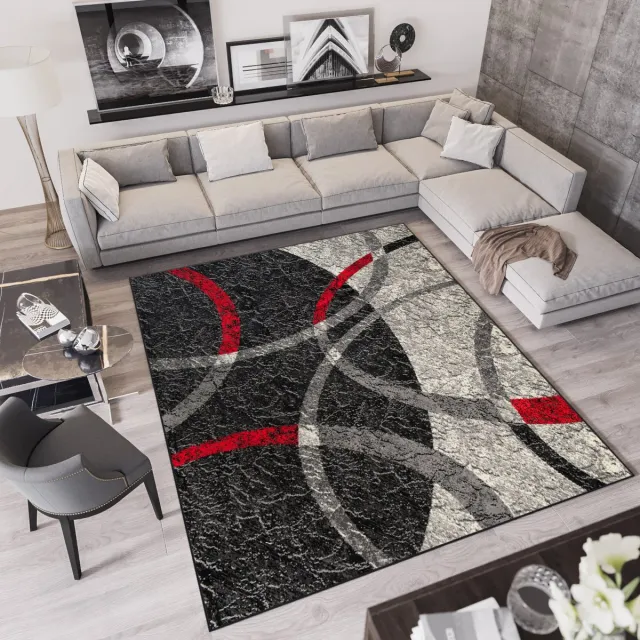 Tapiso Qmega Vloerkleed Grijs Zwart Rood Tapijten Maat- 160x220 Donkergrijs