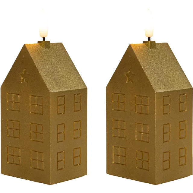 Anna's Collection LED kaars huisje - 2x - goud - H15 cm - met timer - op batterijen - kerst decoratie Goudkleurig