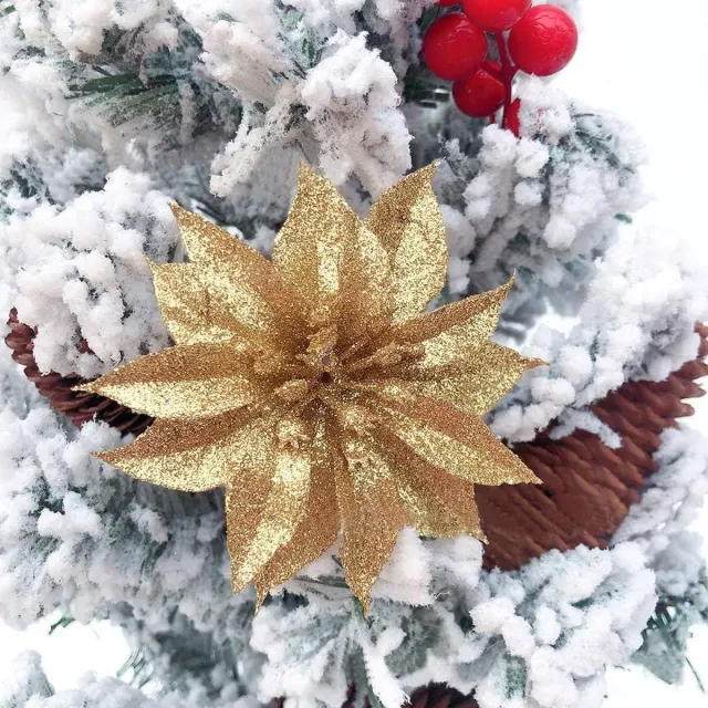 Gotrays 10 kunstmatige dubbele laag goud stof kerstbloemen, kerst roze bloemen kunstmatige glitter, roze kerstboom decoraties kerst Home voordeur decoratieve bloemen accessoires