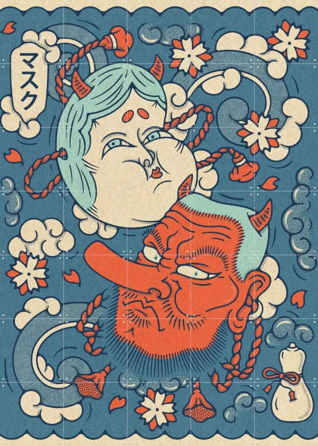IXXI Tengu and Okame Masks, Ryan Ragnini - 100 x 140 cm - Grote wanddecoratie en posters - Grafisch Ontwerp, Vintage, Ukiyo-e, Illustraties Blauw