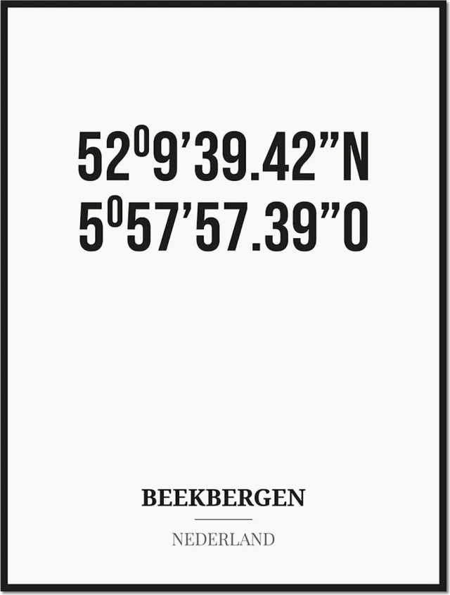 Studio216 Poster/kaart BEEKBERGEN met coördinaten zwart, wit