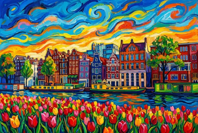 Atelier Iconique Skyline Amsterdam Fauvist Color Painting Skylines - Print op Canvas 90x60 cm - Atelier Iconique gedurfde, levendige en contrastrijke fauvistische kleuren