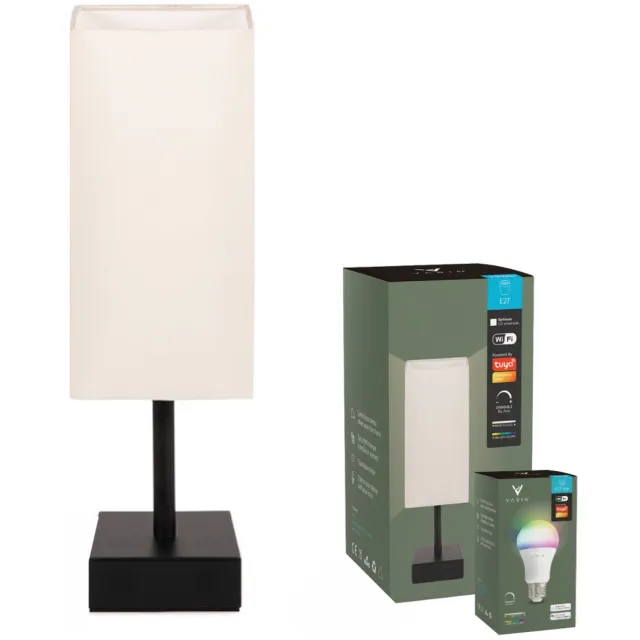 Varin Tafellamp Wit met zwart stalen voet - Vierkant - Katoen kap - E27 Smart Led lamp - Tuya Wifi - RGB Witlicht - Industrieel Tafellampen - Bureaulamp - Nachtlamp - Slimme verlichting nachtkastje slaapkamer, woonkamer, keuken, kantoor