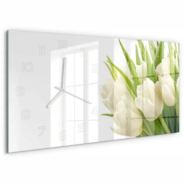 TULUP Wandklok - Witte tulpen Klok Glas Met Opdruk - 60x30 cm - Wit Moderne Wandklok Glas - Witte handen - Rechthoekige Klok - Decoratieve Glazen Klok - Glazen Wandklok Design