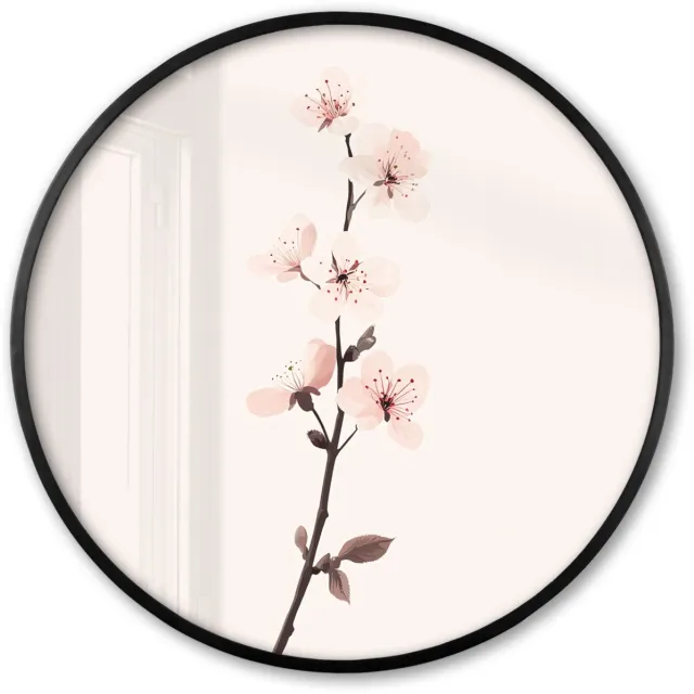 FrameYourWall Poster in lijst Rond - Fotolijst 60x60 cm - Posters - Minimalistisch - Bloesem - Tak - Roze - Ronde posterlijst zwart - Decoratie - Wanddecoratie woonkamer - Muurdecoratie slaapkamer