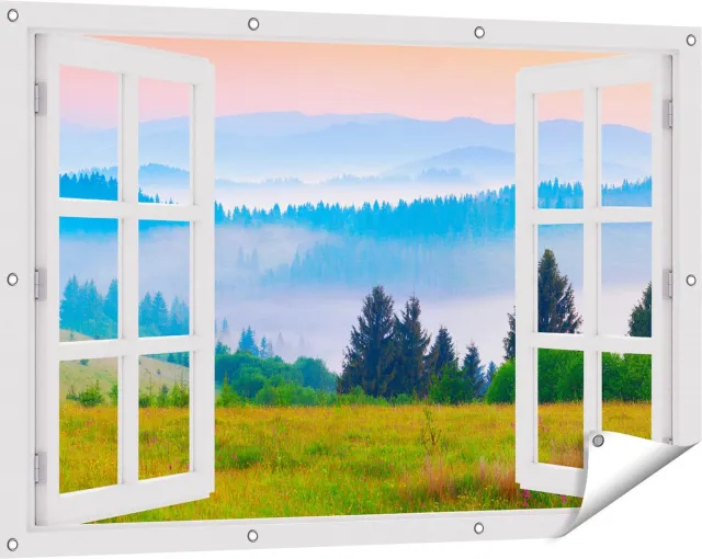 Gards Tuinposter Doorkijk Mistige Heuvel Landschap met Bossen - 120x80 cm - Tuindoek - Tuindecoratie - Wanddecoratie buiten - Tuinschilderij Wit