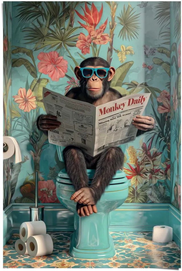 Reinders Poster Aap op Toilet - 91,5 x 61 - Papier - REINDERS