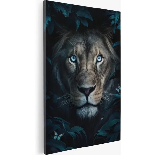 Saammp Canvas Schilderij - Leeuw tussen de planten en vlinders - Abstract - Dieren - 40x60 - Foto op canvas - Wanddecoratie - Muurdecoratie Woonkamer - Slaapkamer decoratie - Canvas Print Multicolor