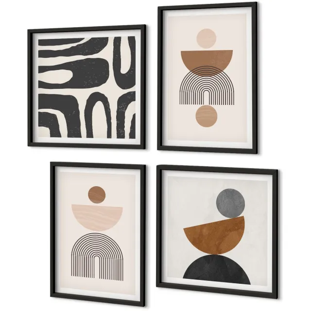 Coloray 4-Delige Schilderij Set - Abstracte Vormen, Modieus Boho-Design - 40 x 40 cm En 40 x 60 cm - Wanddecoratie - Woonkamer Decoratie - Moderne Wanddecoratie Zwarte lijst