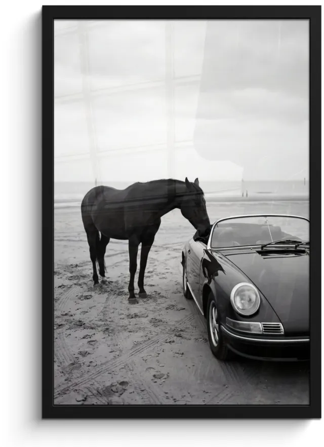 FrameYourWall Poster in lijst - Fotolijst 40x60 cm - Posters - Paard - Auto - Zwart - Wit - Posterlijst zwart - Decoratie - Wanddecoratie woonkamer - Muurdecoratie slaapkamer
