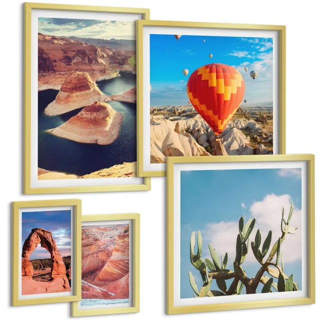TULUP 5-Delige Schilderij Set - Natuurlijke landschappen met bergen en waterpartijen - 50 x 50 cm, 20 x 30 cm en 40 x 60 cm - Muurdecoratie - Wanddecoratie - Hal - Interieur Decoratie Gouden lijst