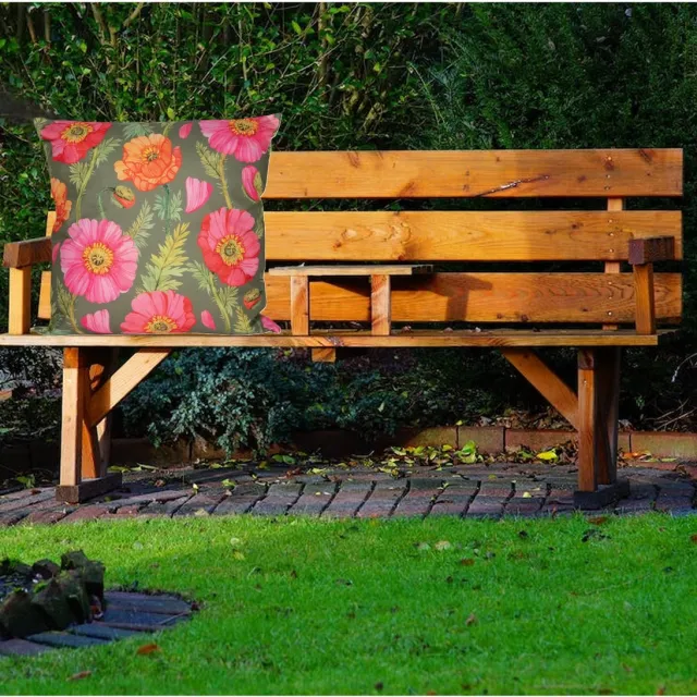 Anna's Collection Sierkussen voor binnen en buiten - klaprozen bloemen - groen/roze - 60 x 60 cm - tuinkussens