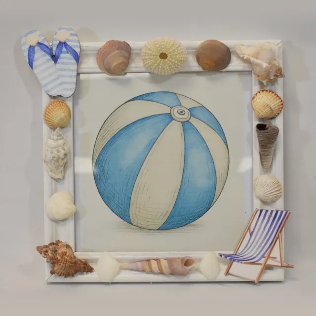 ZoeZo Design fotolijst - fotolijstje - strand - zee - schelpen - nautisch - hout - echte schelpen - 23 x 23 cm - voor foto van 17 x 17 cm - kan niet vrij staan wit - beige - blauw