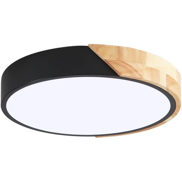 Lemlit Houten LED Plafondlamp 32 cm - Moderne Plafondverlichting met Houtlook Frame - 25W 2500 lm 3000K Warm Wit - voor Woonkamer Hal Thuiskantoor en Veranda - Zwart Naturel