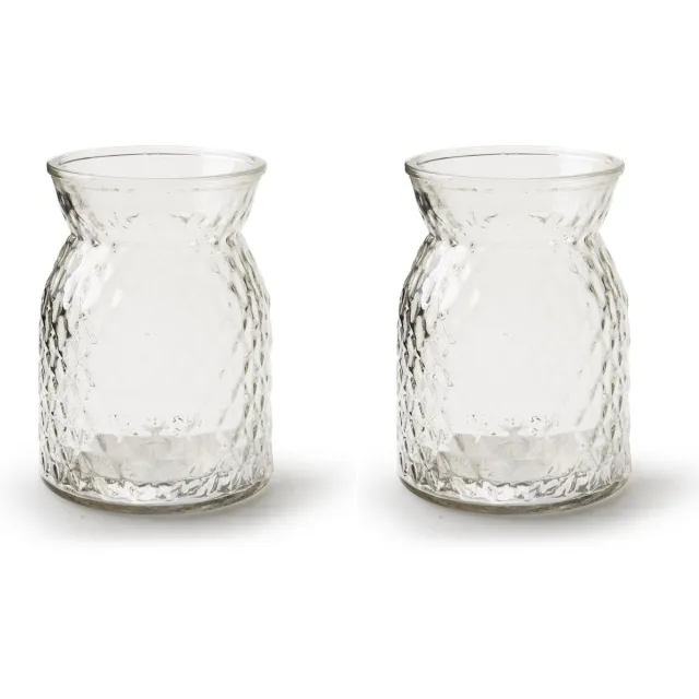 Jodeco Bloemenvaas - 2x stuks - helder bewerkt/transparant glas - 16 x 12 cm