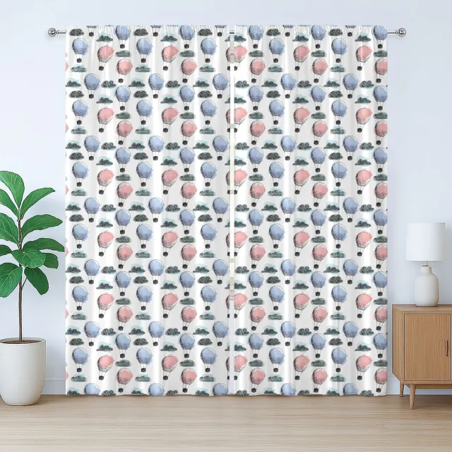 ABAKUHAUS Rustiek gordijn voor de kleuterschool, ballonnen in een luchtavontuur, met lussen en haken , 280 x 175 cm, plafondblauw, blush en wit