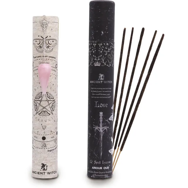 Ancient Wisdom Ancient Witch wierook - liefde - love - amour oud - rozekwarts pendel - heksen wierook - spell incense - koker 12 stokjes