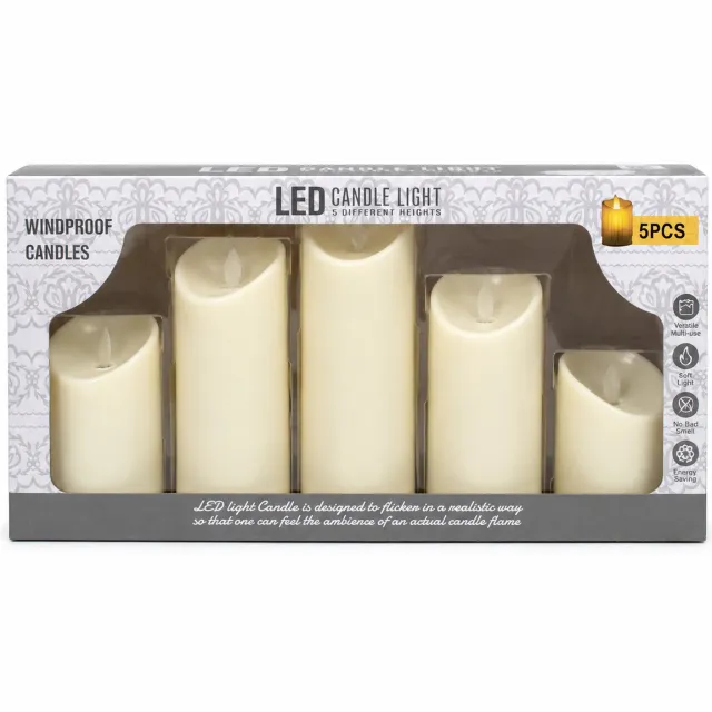 SWGOTA led kaarsen, set van 5, ivoorwit, diameter 7,5 cm, hoogtes 10/12,5/15/17,5/20 cm, op batterijen, in vensterdoos, zonder batterijen