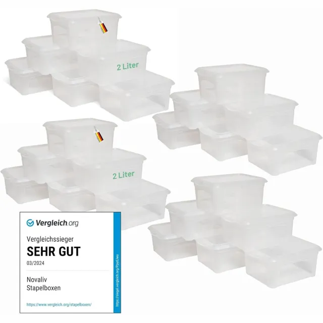 Novaliv 24x opbergdozen met deksel klein 2 L transparant nestbaar stapelbaar kunststof dozen met clipsluiting kunststof BPA-vrij 20x16,5x9 cm zwart