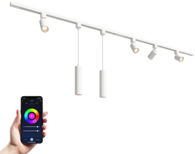 HOFTRONIC railverlichting pakket recht – 2 meter – 4 railspots 2 hanglampen rgbww gu10 – dimbaar – aluminium wit – ip20 – modulair – 230v – smart verlichting woonkamer keuken kantoor