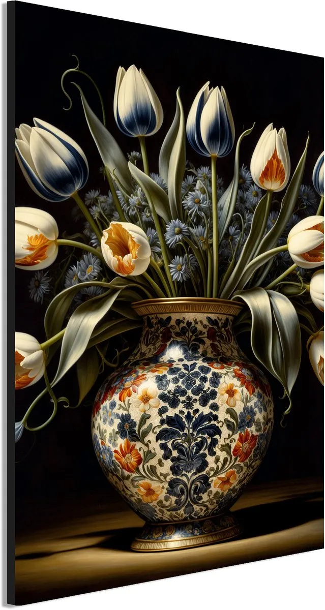 De Online Drukwinkel Wanddecoratie Metaal - Aluminium Schilderij Koninklijke bloemenpracht vaas - 90 x 60 cm - Bloemen - Muurdecoratie woonkamer en slaapkamer - Inclusief ophangsysteem - Klassiek - Modern - Displate alternatief Ivoorwit