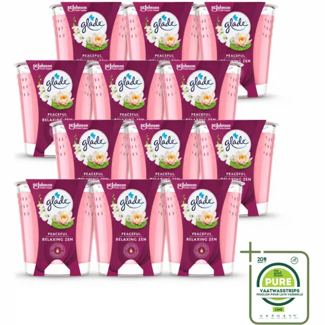 Glade 12 x Glade - Geurkaars Relaxing Zen - 100% Raapzaadwas - 112 g - Grootverpakking - Vaatwasstrips - Geurkaars Rust - Geurkaars Ontspanning - Geurkaars Zen - Geurkaars Natuurlijk - Geurkaars Vegan lichtblauw