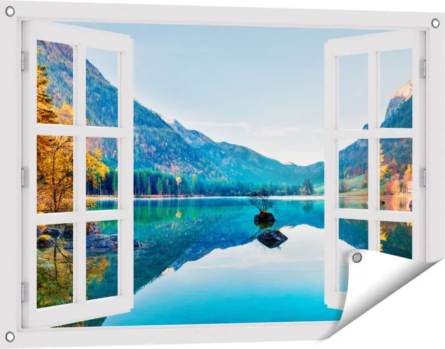 Gards Tuinposter Doorkijk Meer met Herfstbomen - 90x60 cm - Tuindoek - Tuindecoratie - Wanddecoratie buiten - Tuinschilderij Wit