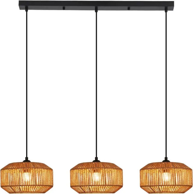 Glitzerlife Hanglampen - Boho Retro Laternevormig - 3xE27 - Verstelbare hoogte - Ijzer papierkoord - Ø25cm - 25W eetkamer verstelbaar - Eetkamer Slaapkamer Woonkamer Korte lampl