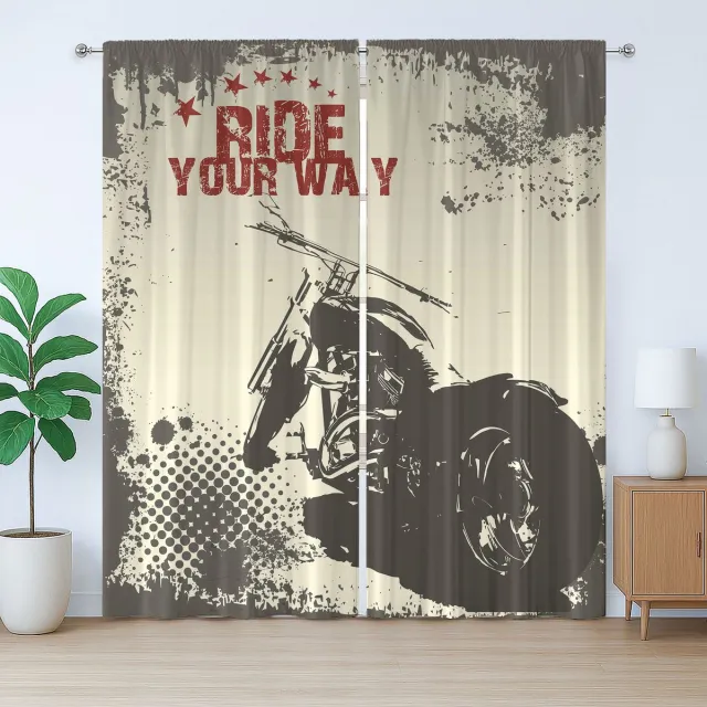 ABAKUHAUS Rustiek grijs gordijn, Motoravontuur, Slaapkamergordijn met geplooide band, lussen en haken, 280 x 175 cm, Antracietgrijs Kastanjebruin