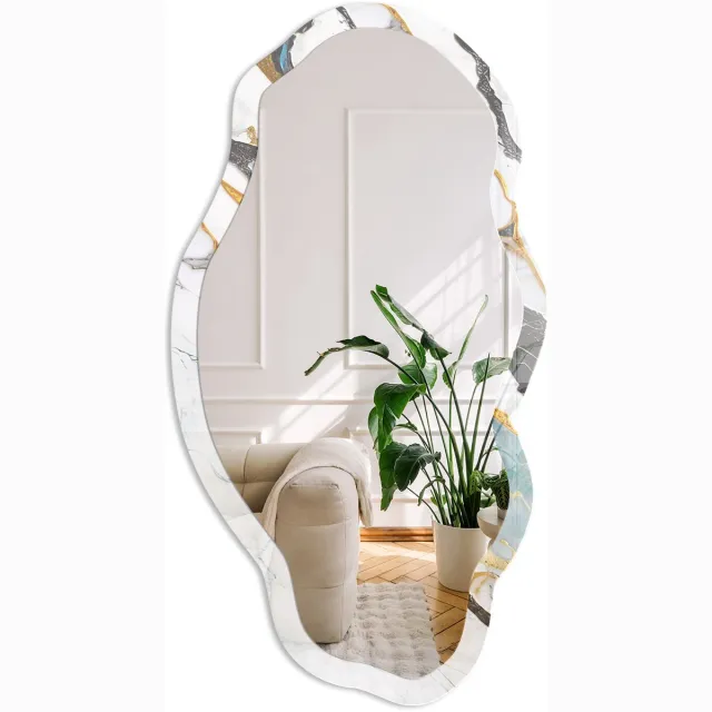 Coloray Marmeren Accent Spiegel - Wit Stijlvolle Wandspiegel - Organische Spiegel - Woonkamer, Badkamer, Kantoor - Abstract - 45x90 cm - Totale afmeting 52x97 cm Marmeren Accent, Wit