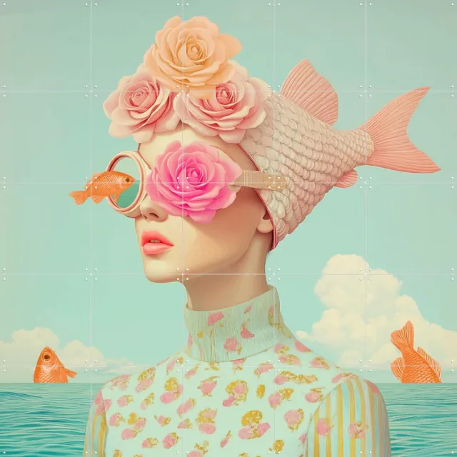IXXI Fanta sea, Mirjam Duizendstra - 100 x 100 cm - Grote wanddecoratie en posters Woonkamer, Vissen, Portretten Blauw / Roze