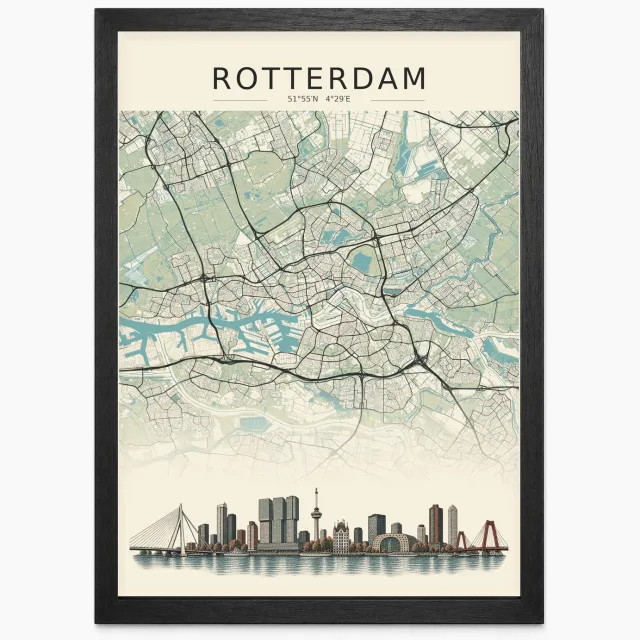 Joshimo Rotterdam Stadskaart Poster | Vintage Kaart met Skyline | Inclusief Zwarte A4 Lijst