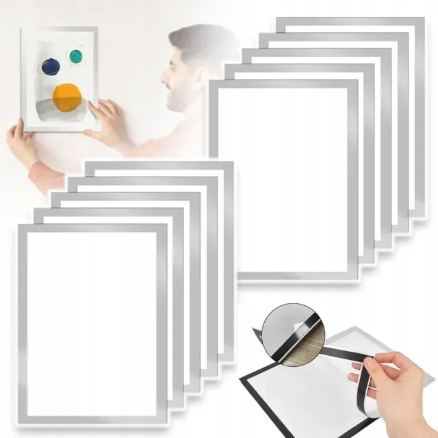 JIMUYU A4 Magnetisch Poster Frame Met Zelfklevende Achterkant – Herbruikbaar En Zonder Gereedschap – Transparant PVC En Waterdicht – Voor Kantoor, Winkel En Thuis – Zilver