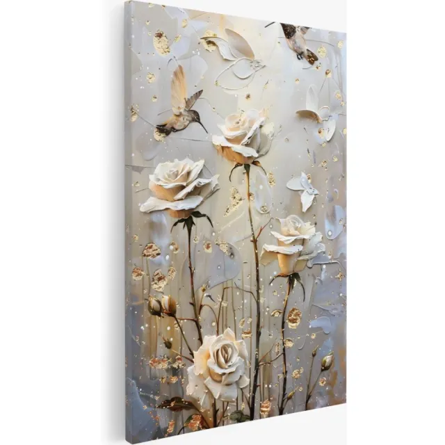 Saammp Canvas Schilderij - Witte bloemen met een vogel - Abstract - 60x90 - Foto op canvas - Wanddecoratie - Muurdecoratie Woonkamer - Kantoor Decoratie Multicolor