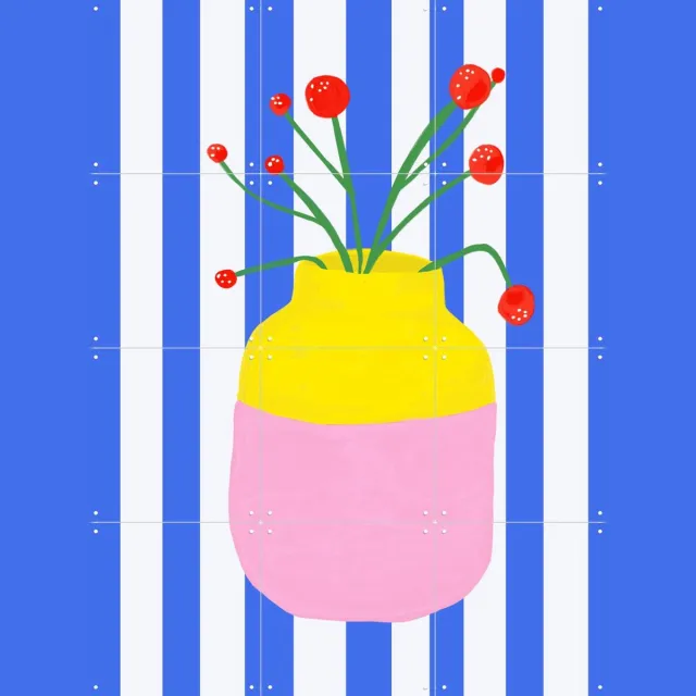 IXXI Mio Vaso blue Stripes, Hej.Ibiza - 60 x 80 cm - Grote wanddecoratie en posters - Speels, Illustraties, Kleurrijk, Abstract, Digitale Kunst, Pop Rood / Geel / Blauw