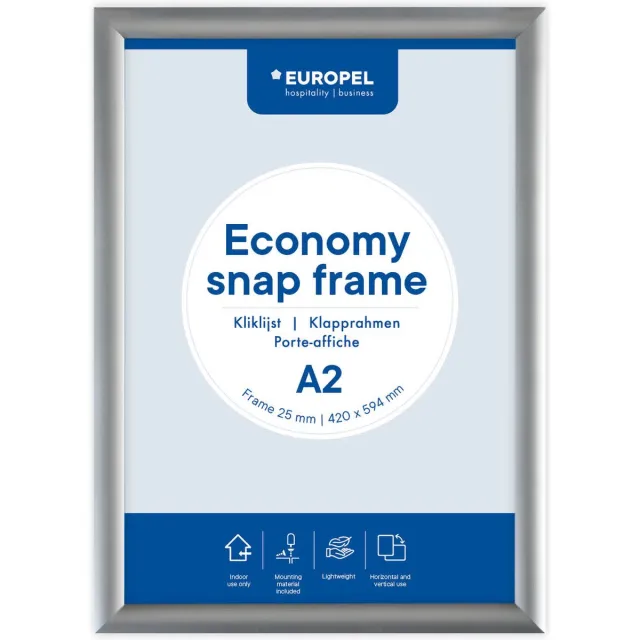 Europel Economy Kliklijst – Posterlijst – A2 – 42 x 59,4 cm – 25mm – Aluminium – Zilver
