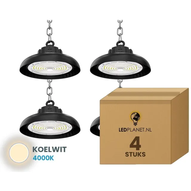 Tsong UFO Lamp - LED High Bay 150W - 27.000 lm - Koelwit 4000K - 4 stuks - Instelbaar 90/120/150W - IP65 - Hal, Werkplaats- & Garageverlichting - 5 jaar garantie