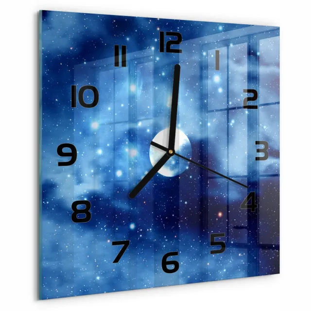 TULUP Wandklok - Volle maan Gekleurde Glazen Klok - 30x30 cm - Blauw Glazen Klok Met Print - Zwarte handen - Vierkante Klok - Moderne Wandklok Glas - Wandklok Glas Decoratie