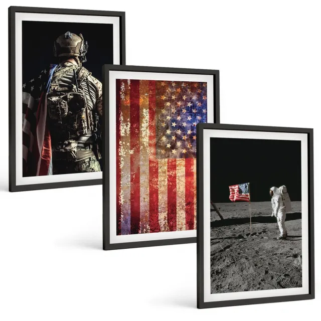 TULUP 4-Delige Schilderij Set - Amerikaanse nationale symbolen, vlag van de VS - 40 x 60 cm - Muurdecoratie - Interieur Decoratie Zwarte lijst