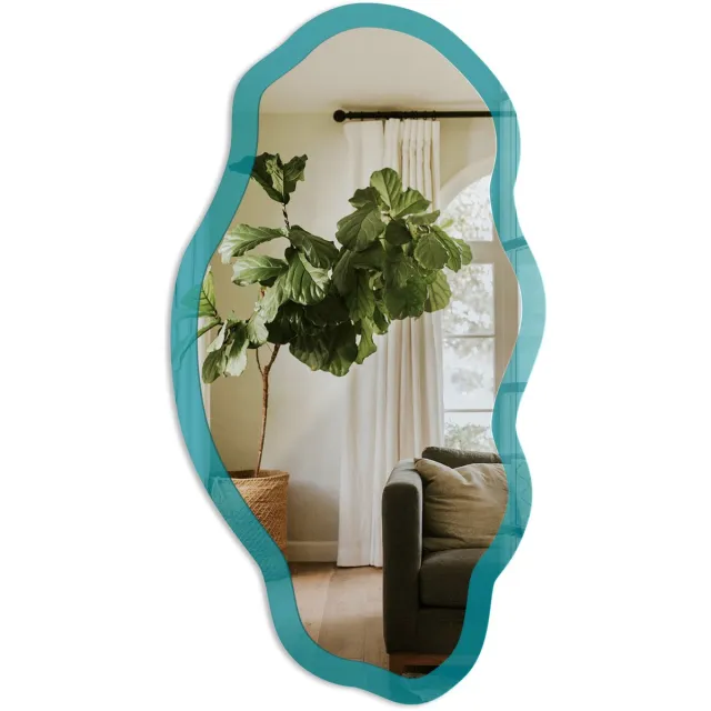 TULUP Koel Turkoois Spiegel - Turkoois Rechthoekige Spiegel Met Modern Design - Organische Spiegel - Kantoor, Woonkamer, Slaapkamer - Minimalistisch - 45x90 cm - Totale afmeting 52x97 cm Koel Turkoois, Turkoois