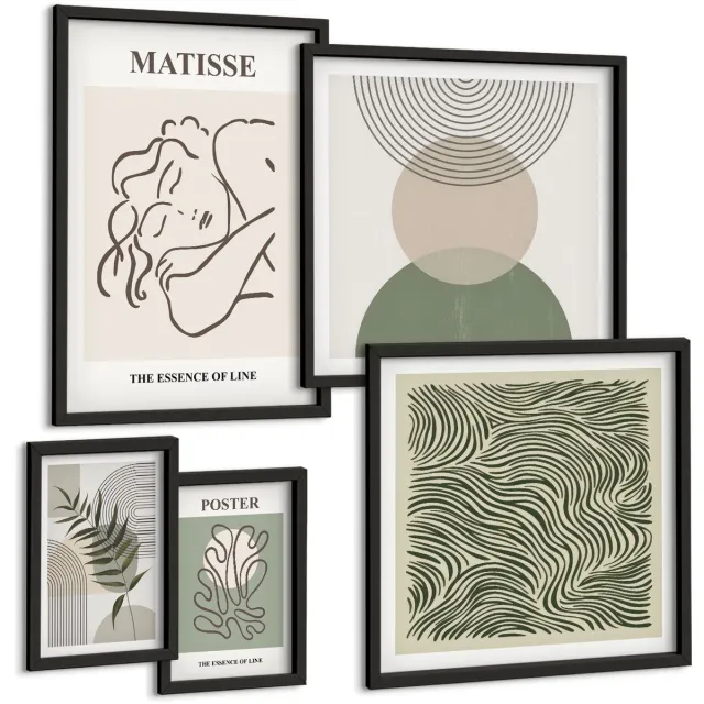TULUP 4-Delige Schilderij Set - Minimalistische composities met plantmotieven en lijnen - 50 x 50 cm, 20 x 30 cm en 40 x 60 cm - Stijlvolle Muurdecoratie - Kantoor - Wanddecoratie Zwarte lijst