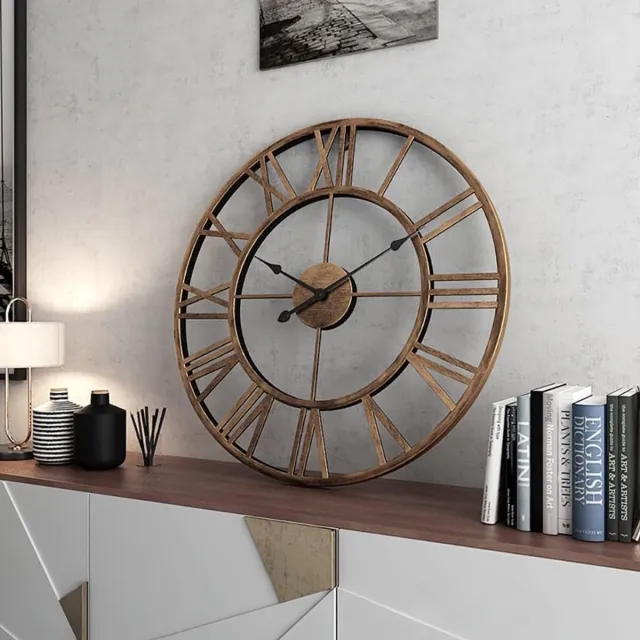Famanu Grote retro wandklok, 50 cm diameter met cijfers, landelijke stijl decoratieve metalen klok Zwart