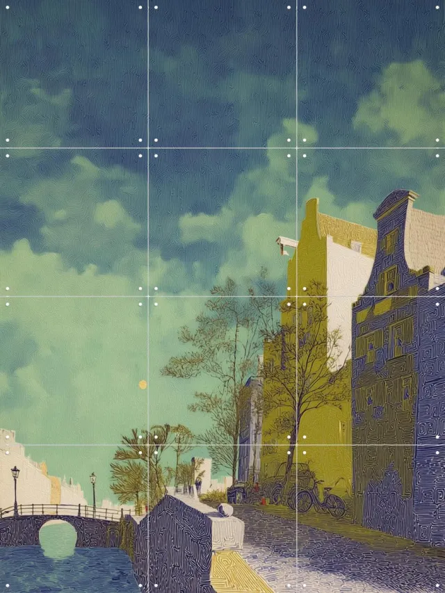 IXXI Amsterdam 5, Artclaud - 60 x 80 cm - Grote wanddecoratie en posters - Kleurrijk, Fantasierijk, Digitale Kunst, Illustraties, Modern, Pop art Blauw / Geel / Groen