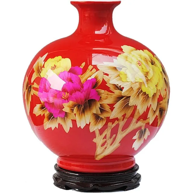 Fine Asianliving Chinese Vaas Porselein Handgemaakt Pioenrozen Rood H29.5cm