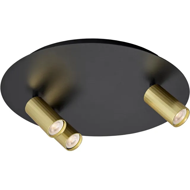 Fantasia Oryx plafondspot, ronde voetplaat Ø350 mm, 3 verstelbare lichtpunten op MR11-fitting, dimbaar, zwart/goud, lamp niet inbegrepen