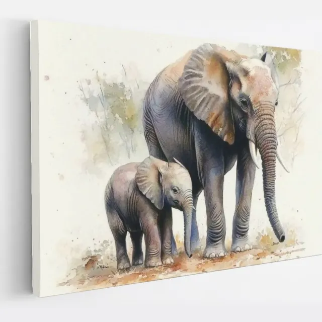 Saammp Canvas Schilderij - Olifant met kalf - Abstract - Dieren - 150x100 - Foto op canvas - Wanddecoratie - muurdecoratie Woonkamer - Slaapkamer decoratie - Canvas Print Multicolor